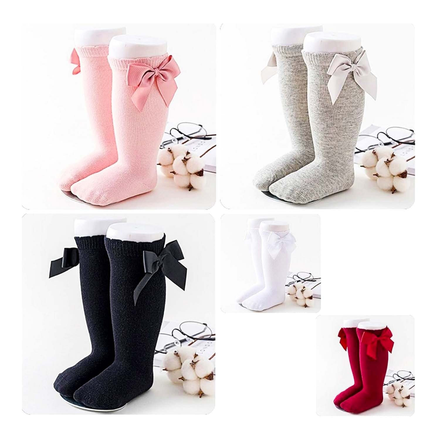 Baby Girls Knee High Socks Bow Tube Ruffled Knit Cotton Long Stockings for Infants and Toddlers 2 Pairs