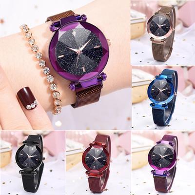 Fashion Starry Sky Convex Glass Quartz Mesh Magnetic Buckle Ladies Watch