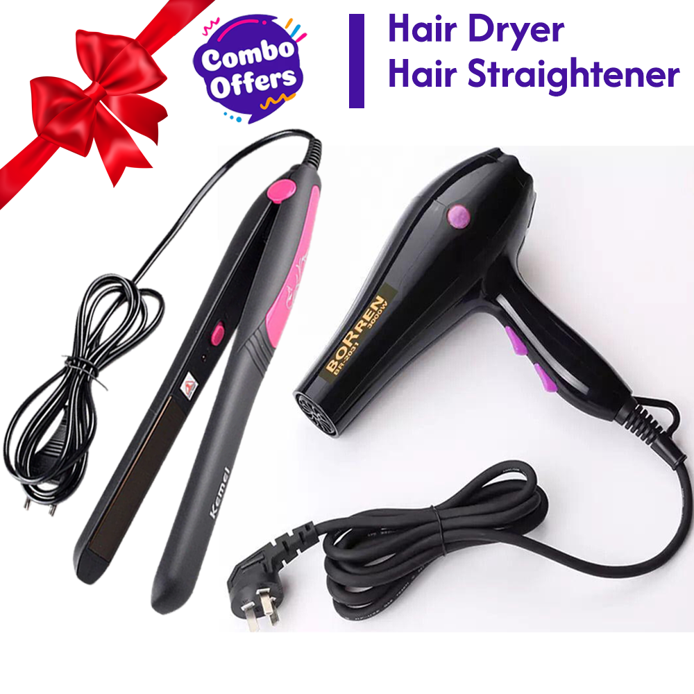 2-in-1 Combo Offer: Blue Ray Ceramic Hair Dryer with 2 Speed & 3 Heat Settings + Kemei KM-328 Professional Wet/Dry Hair Straightener & Curling Iron
