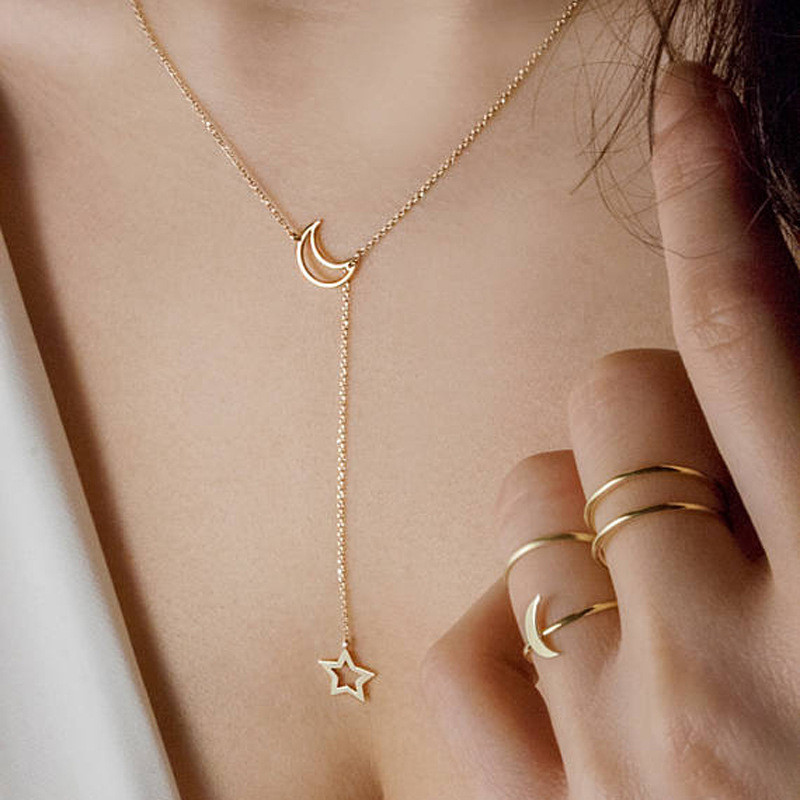 【Pocket king VOX】Bohemia Fashion Star Moon Necklace Wo Jewelery Pendant Charm Gold Chain Choker Wo Gift