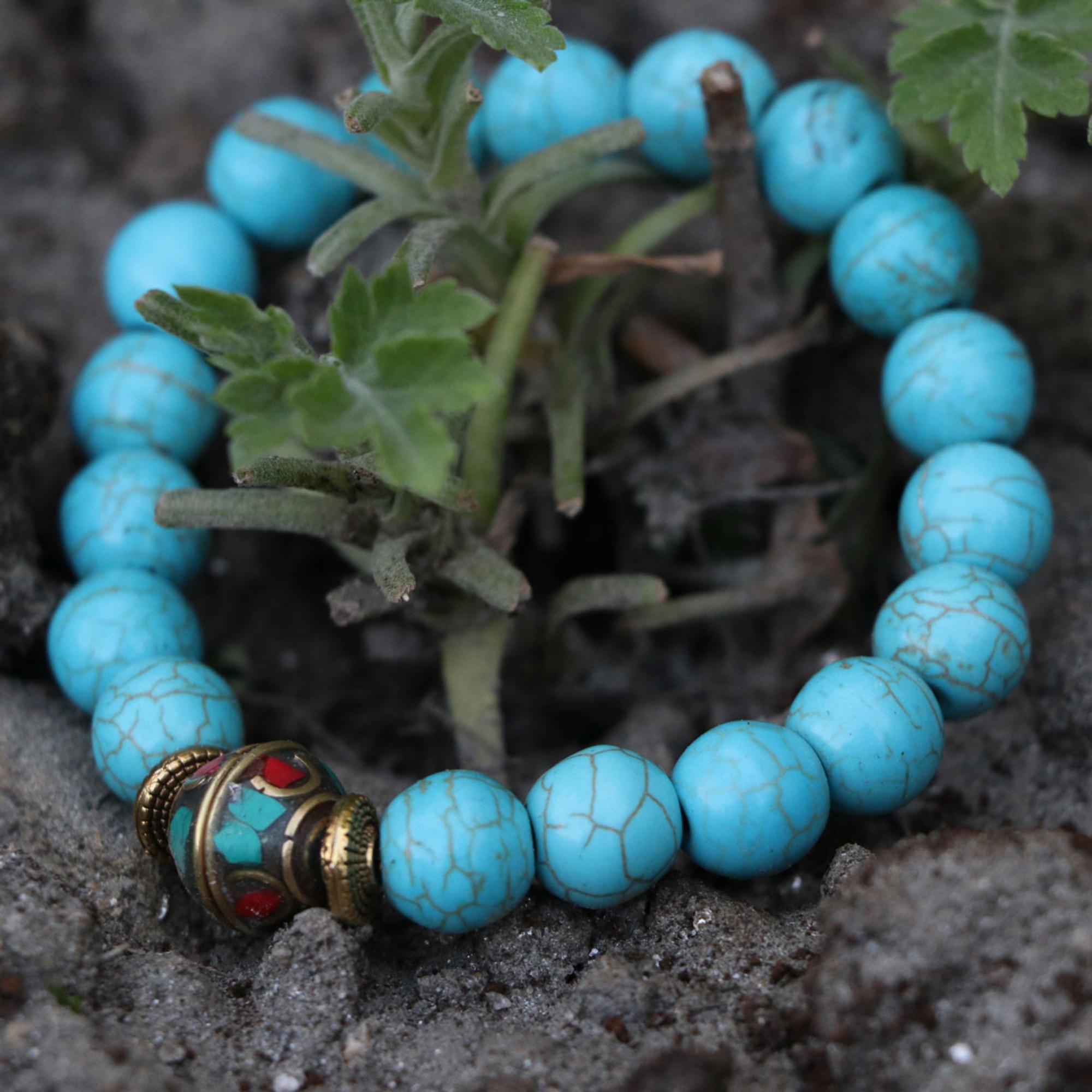 Turquoise Stone & Mantra Bead Wrist Mala/ Bracelet- Lotus Handicrafts