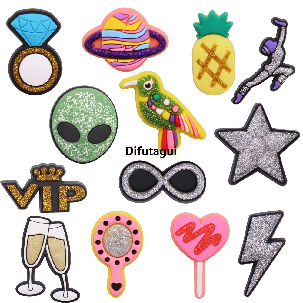 Difutagui Special Offer 1PCS Lightning Alien Rings Stars Shiny PVC Shoe Charms Affordable Accessories Sandal Buckle Ornament DIY Wristbands Kid Gift