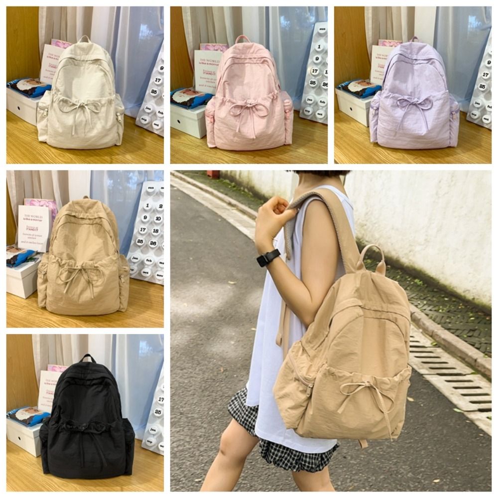 Simple New Design Bow Wrinkle Backpack Sweet Nylon Lightweight Backpack Large Capacity School Bag Travel Shoulders Bag Girls