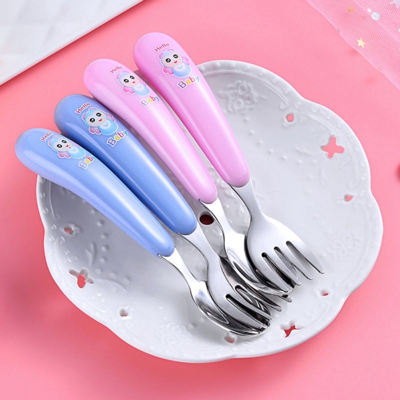 Baby Child PP Material Spoon Fork Cute Stainless Steel Baby Feeding Utensils Fork Spoon 2 Pcs Set