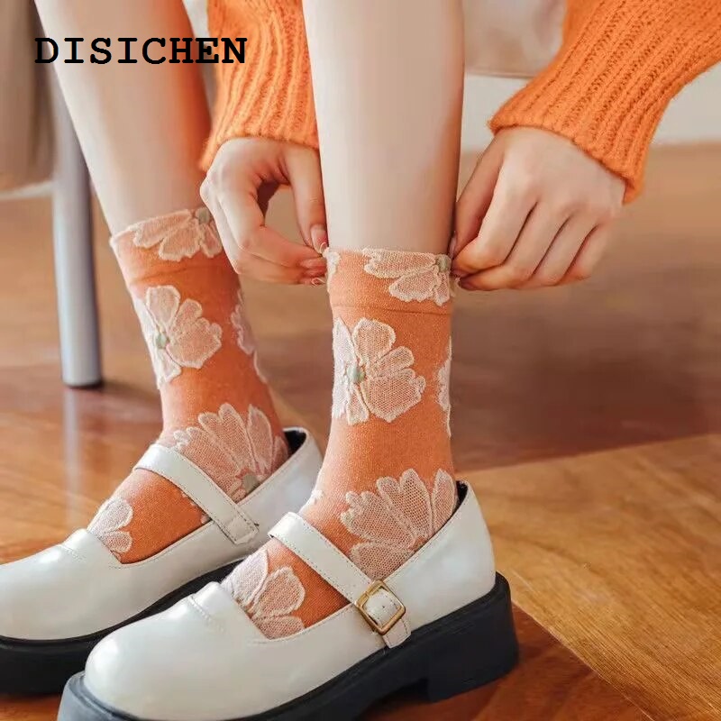 DISICHEN Special 1Pair Fashion Korea Harajuku Woman Floral Orange Socks Vintage Jacquard Ethnic Cotton Casual Cute Girls Dress Brown Sox Spring