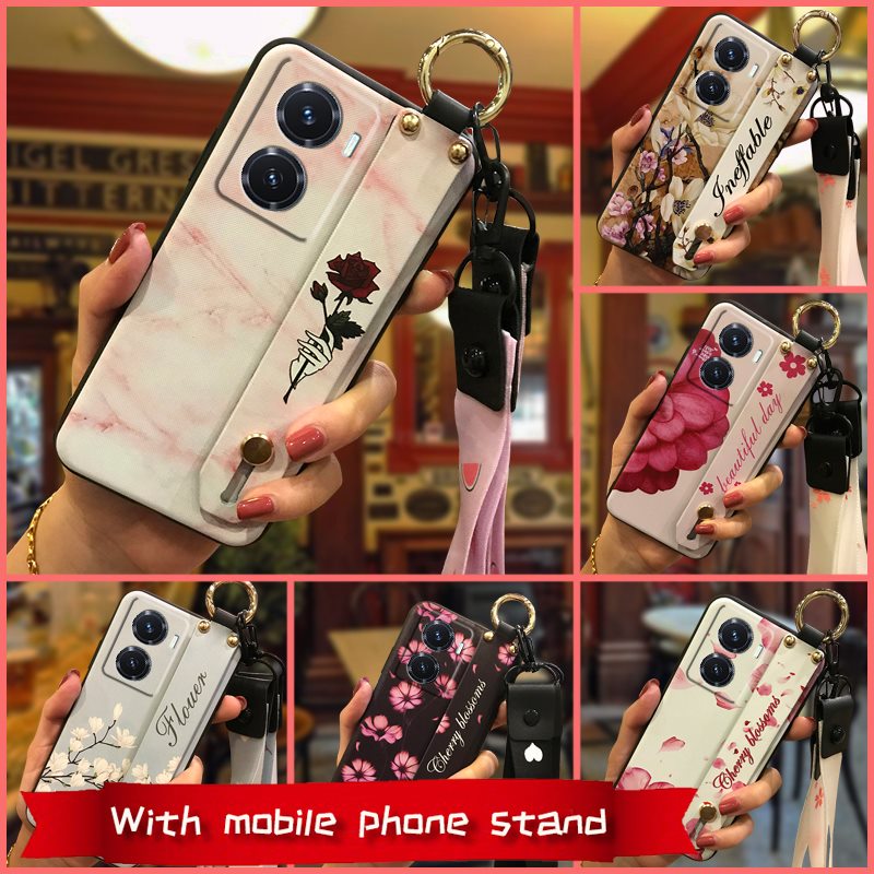 Flower Back Cover Phone Case For VIVO Y77 5G China/IQOO Z6 Lite 5G Fashion Design Kickstand Lanyard Wrist Strap Silicone