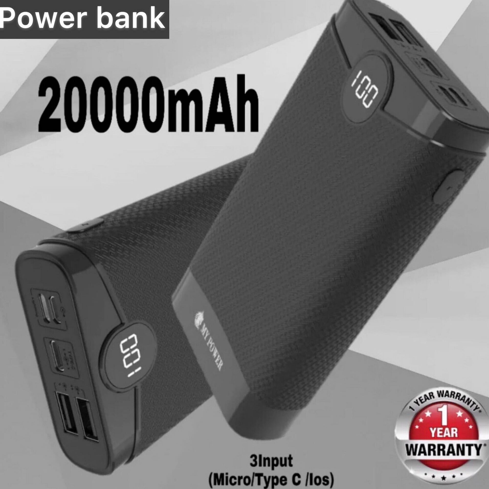 Portable 20000mAh Digital Power Bank | 1 Year Warranty