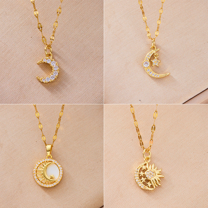 【Fresh designs】New Copper Micro Set Star Sun Pendant Women's Stainless Steel Lip Chain Necklace