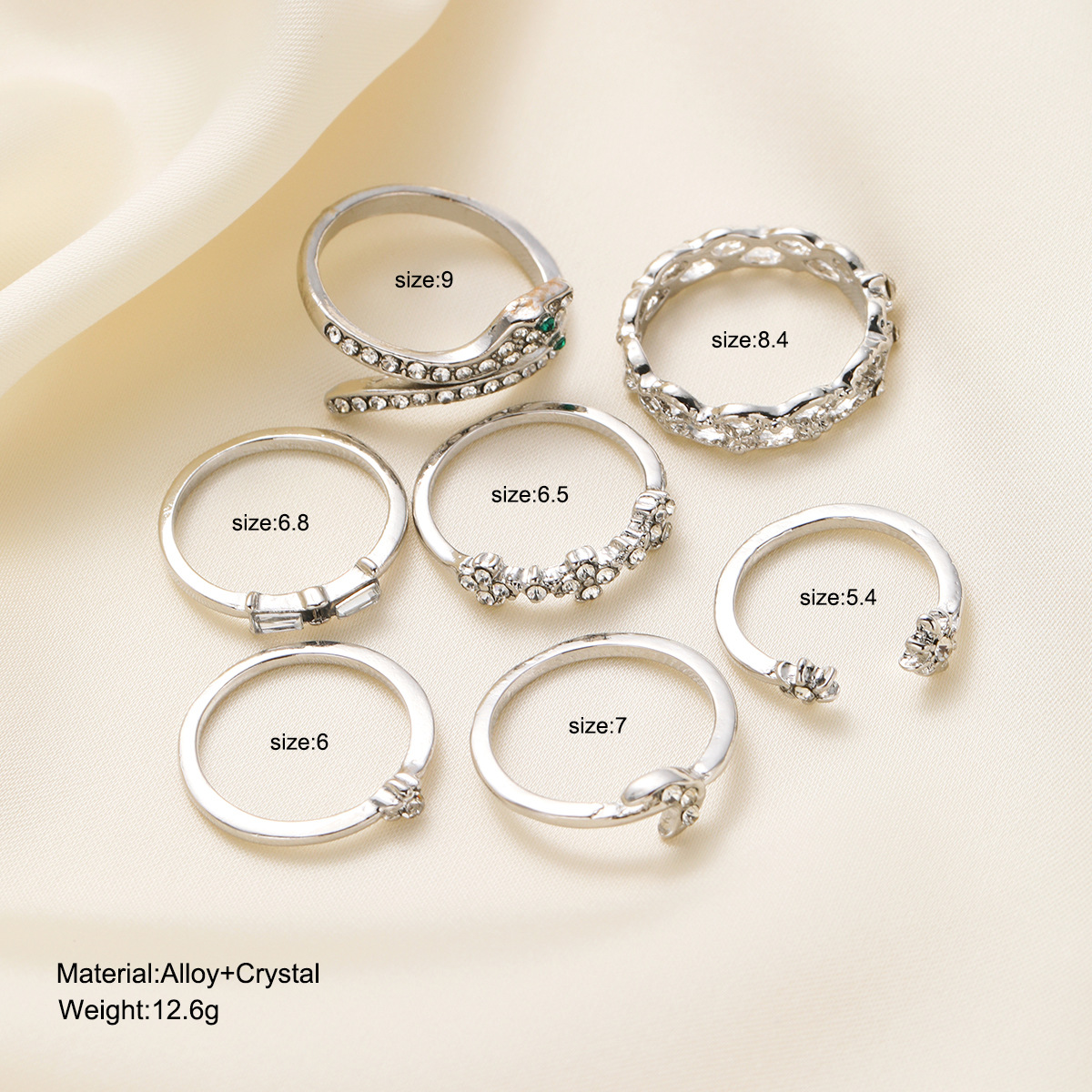Youbo Silver Star Moon Spot Drill Ring Creative Retro Snake Shape Ring 7 Set