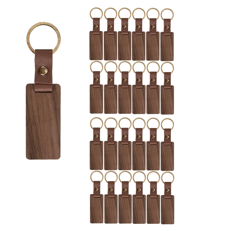 25 Pieces Leather Wood Keychain Blank, Wooden Keychain Blanks with Leather Strap, Unfinished Wooden Keychains 65 X 28mm