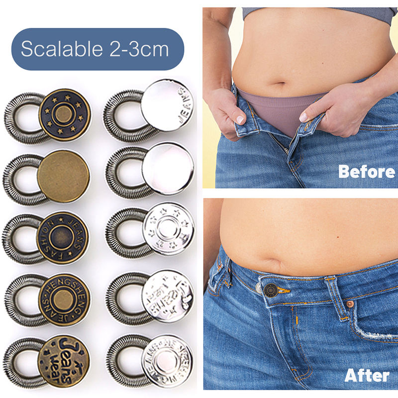 Adjustable Jean Waistband Extender Buttons - No-Sew Metal Button Set with Elastic Loop, Instant Pants Size Adjustment (Assorted Styles)