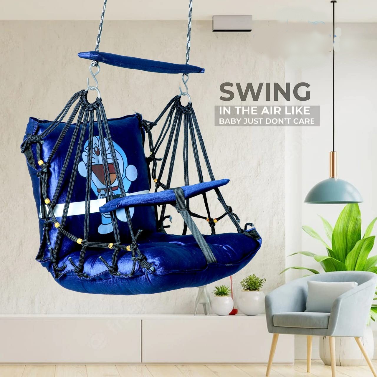 Kids Cartoon Printed Swings ,Cotton Swing Chair For Kids Baby's 1-3 Years With Safety Belt (blue) - Chairs