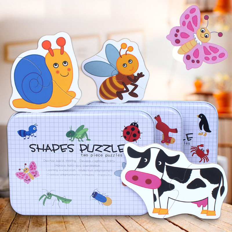 Zhitian Luxury Big Size Flake Baby Wooden Puzzle Early Education Animal Fruit Cognition Pair Card Puzzle Set With Metal Box for Kids Gift