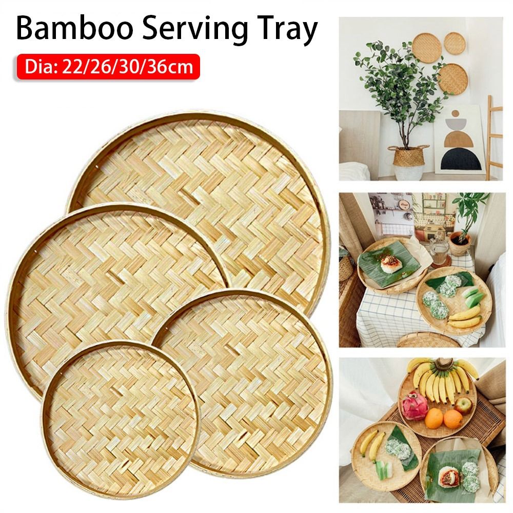 1Pcs Durable DIY Decorative Bamboo Sieve 4 Size Hand-woven Kitchen Storage Tray Fruit Bread Basket Round Dustpan Dessert Plate