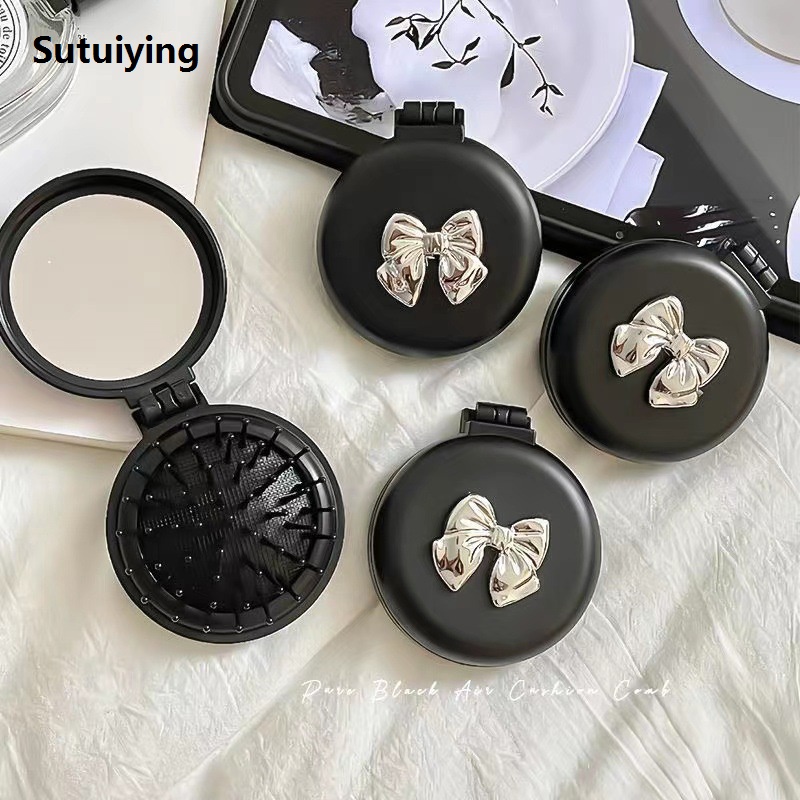 Sutuiying 1x Mini Hairbrush Folding Airbag Comb With Mirror Head Scalp Massage Anti-Static Portable Travel Plastic Hair Brush Pocket Combs
