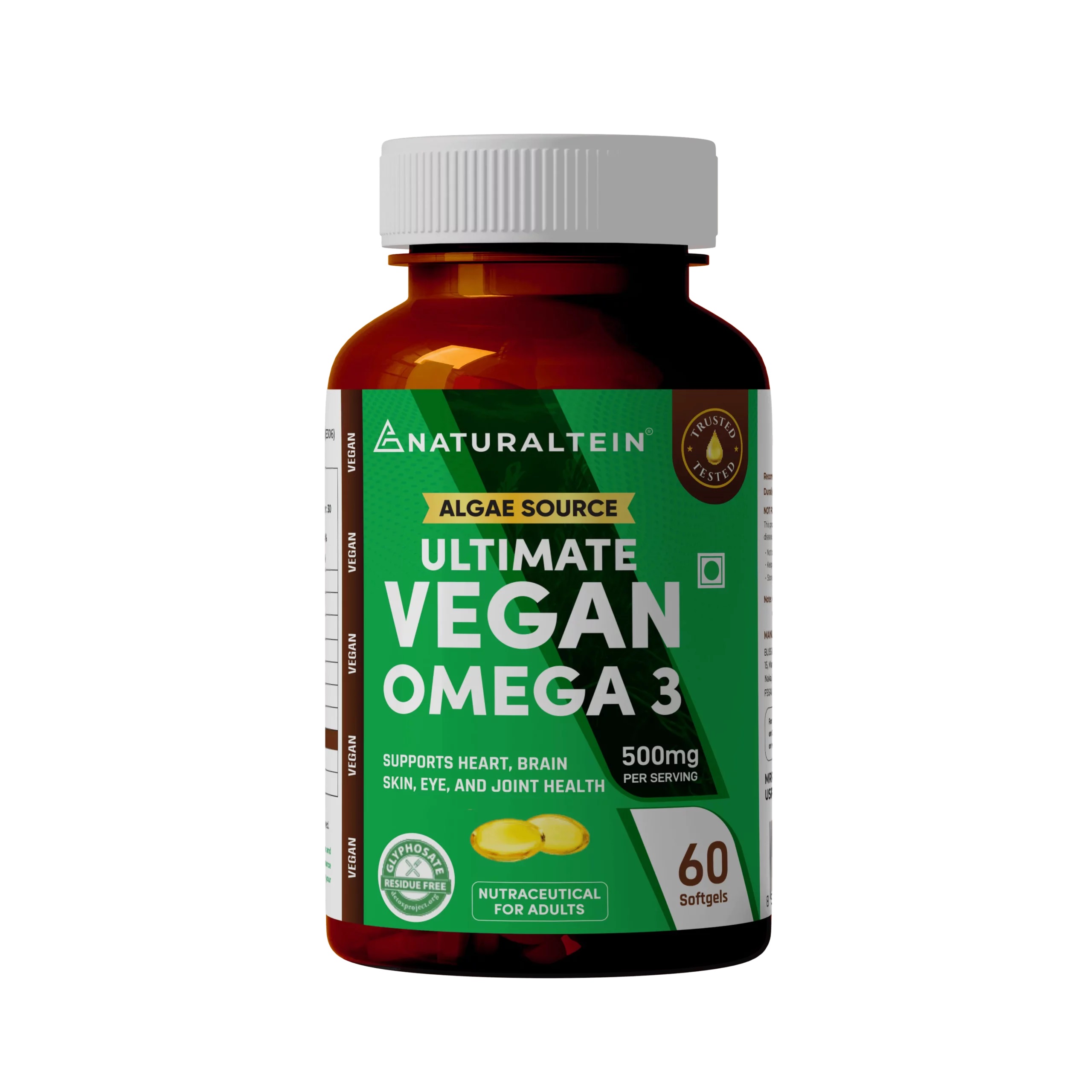 Naturaltein Algae Source Vegan Omega 3- 60 Capsules With Sustainably Sourced & Premium Carrageenan Free For Support Heart Health & Brain Health