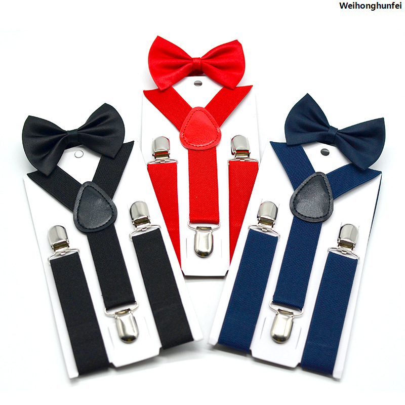 WeihonghunfeiSales promotion Eing Boys and girls universal solid color 3-clip Y-shaped suspender bow tie set children's suspender belt + bow tie baby two-piece set