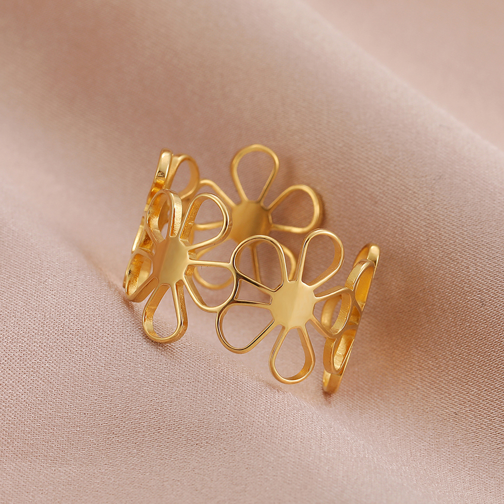 Stainless Steel Ring Vintage Daisies Flowers Open Fashion Ladies Couple Adjustable Rings For Women Jewelry Aesthetic Girls Gifts
