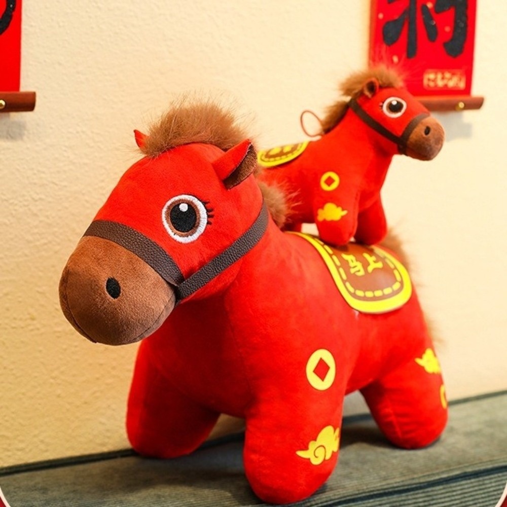 National Style Red Horse Plush Toys Letter Print Soft Stuffed Cartoon Horse Doll Realistic Decorative New Year Mascot Car Decor