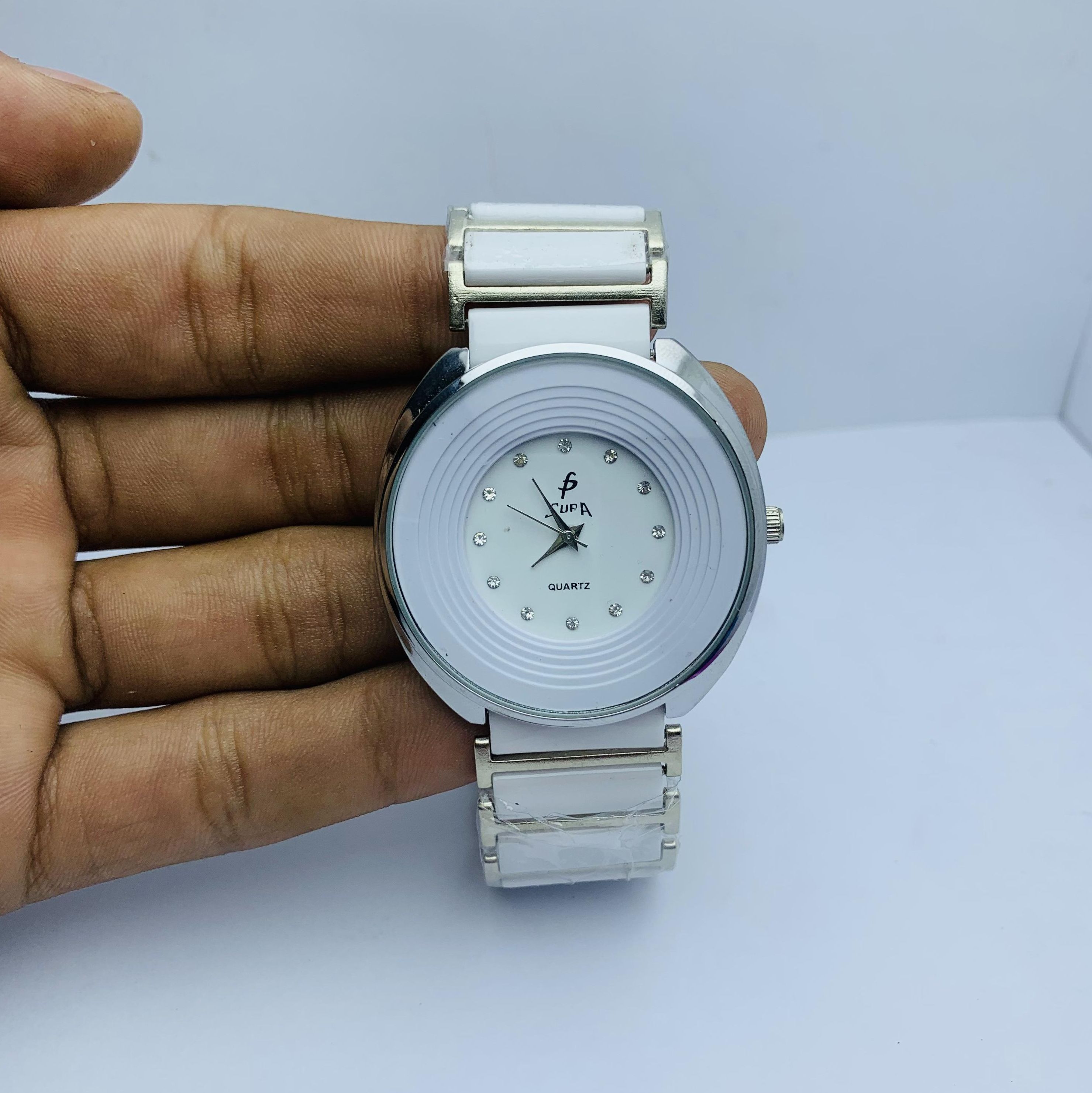 Waterproof, White Strip Fancy Premium New Supa White Dial Watch For Women , Round Shape , Watch For Women - Sold By Time Plaza