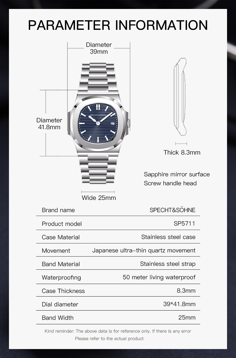NEW 2025 New Specht Söhne Luxury 39MM Quartz Watch For Men Super Slim Steel Sapphire Crystal 50M Waterproof 5711 Classic Watch