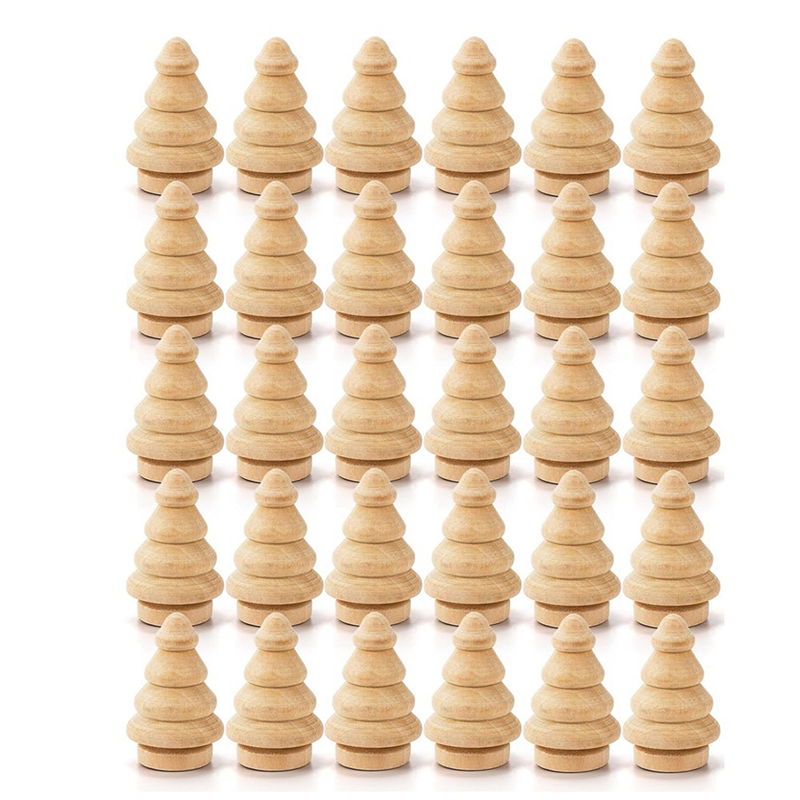 30 Pack Wooden Christmas Tree Natural Wooden Miniature Tree Blank Wooden Peg Dolls for DIY Arts Crafts