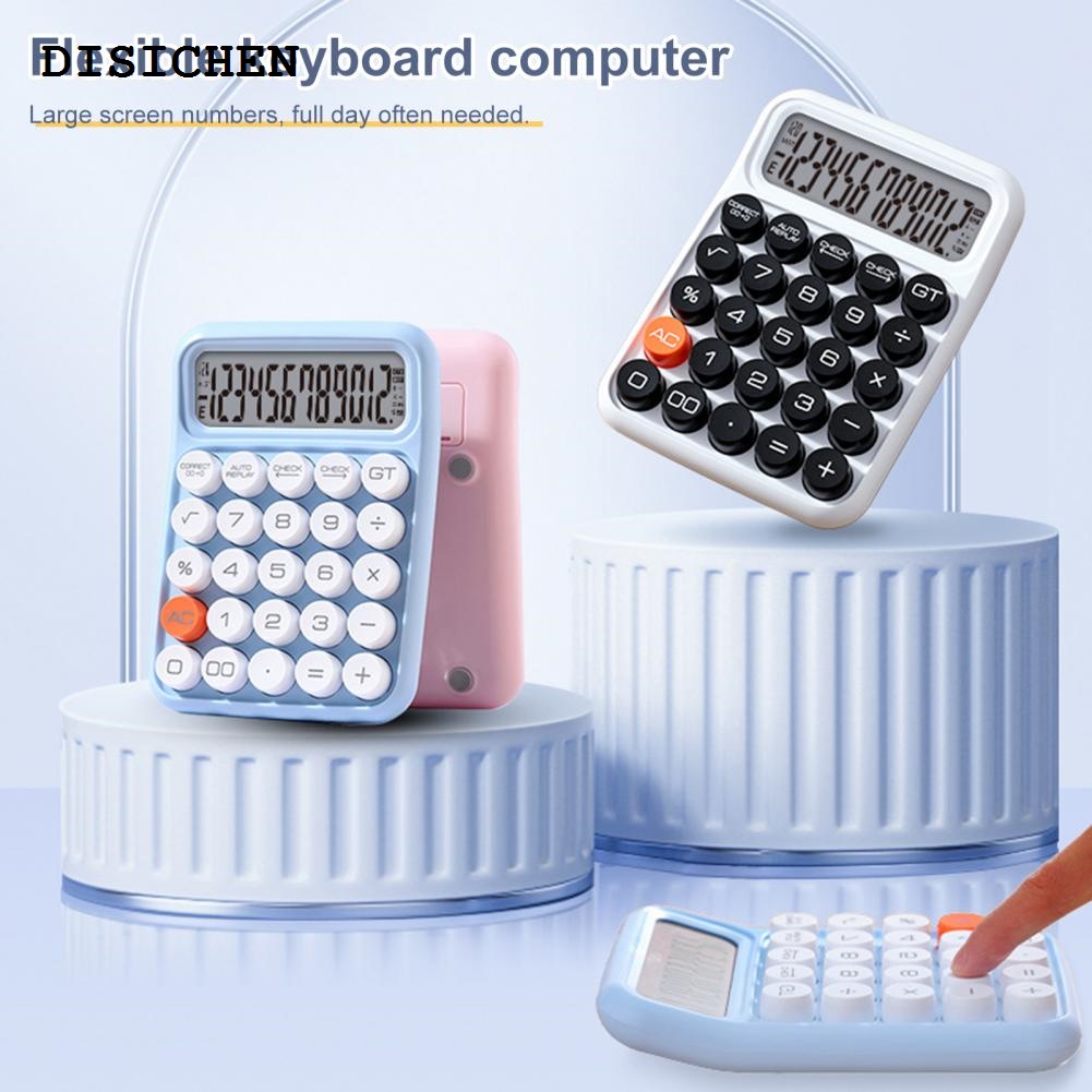 DISICHEN 2025 New Mechanical Switch Calculator Cute 12 Digit LCD Display Retro Round Keys Automatic Shutdown Calculator Student Calculator