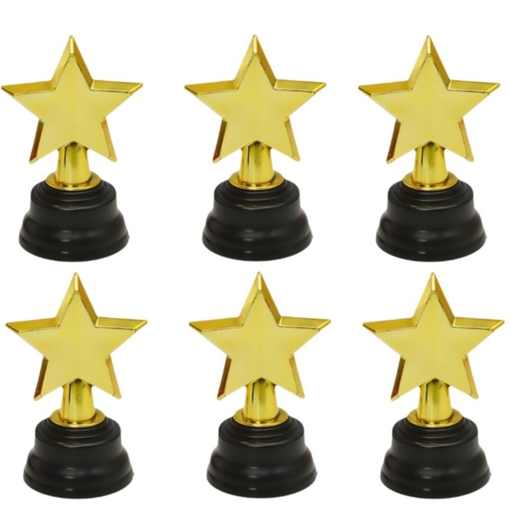 Miniature 6-Pack Set Star Trophy Awards Plastic Material Gold Color Plastic Star Trophies Small Size Large Base Mini Gold Trophies Competitions Prizes