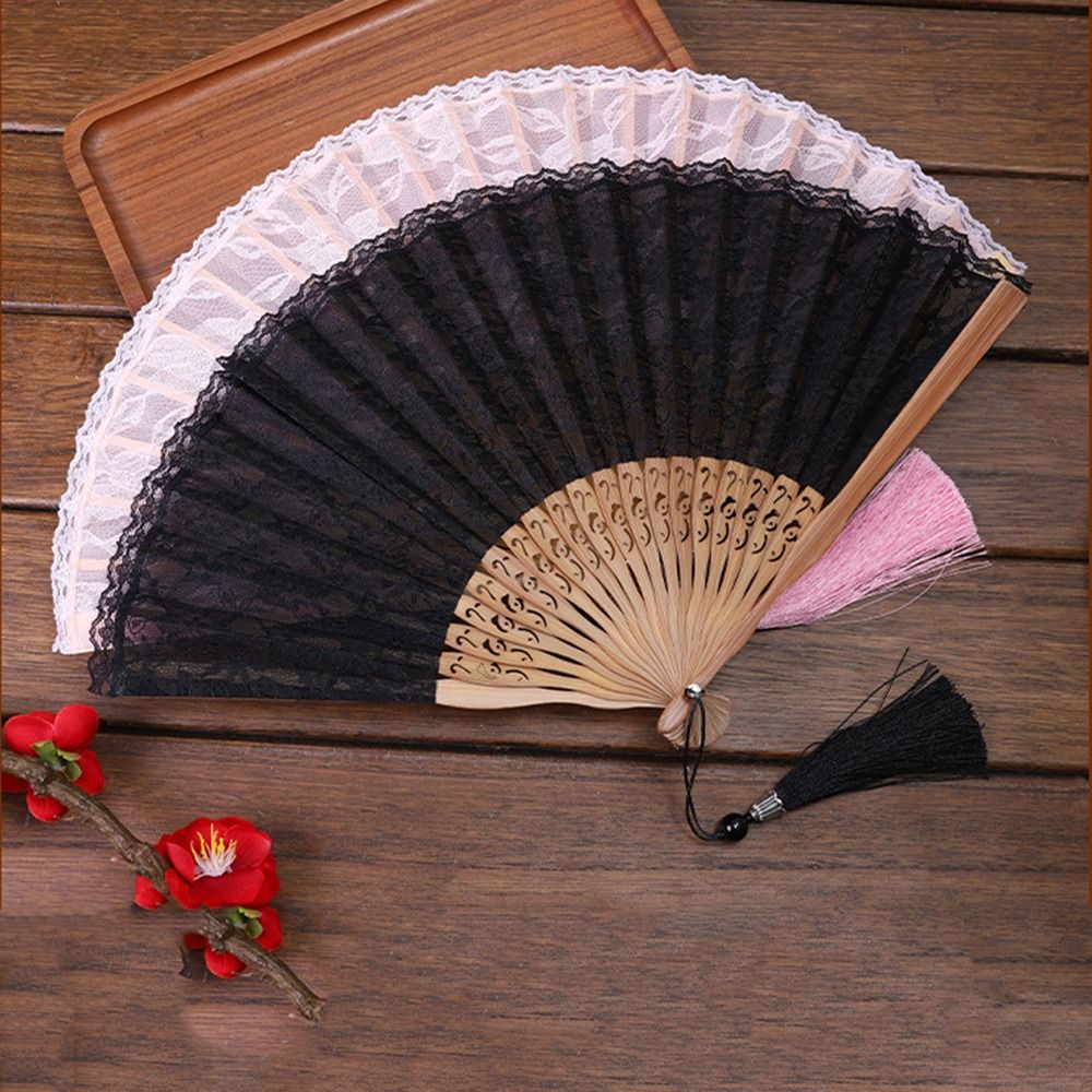 Vintage Portable Folding Fan Fan Tassel Pendent Lightweight Lace Handheld Fans Durable Flowers Pattern Chinese Fan Hanfu Accessory