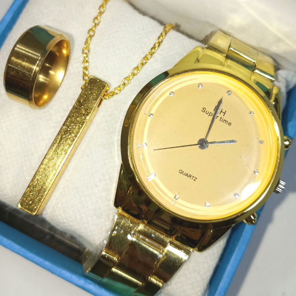 Bizzy Fashion Wedding Watch Deal For Men High Quality Formal Golden Stainless steel Watch With High Quality Stainless steel Bar Stick Locket And Titanium Stainless steel Ring For Men And Boys-Fashion Mens Golden Random Dial Watch Deal For Men