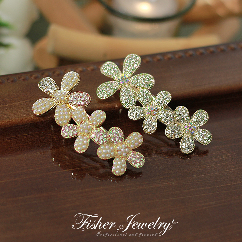 2022 New Flower Pearl Hairpin Rhinestone Korean Alloy Spring Chuck Plate Hair Accessories Side Bangs Hair Accessories