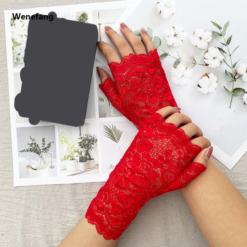 Wenefang SnowWhite Womens Lace Gloves Sunscreen Short Gloves Fingerless Lace Driving Cycling Gloves Spring And Summer Mittens Accessories