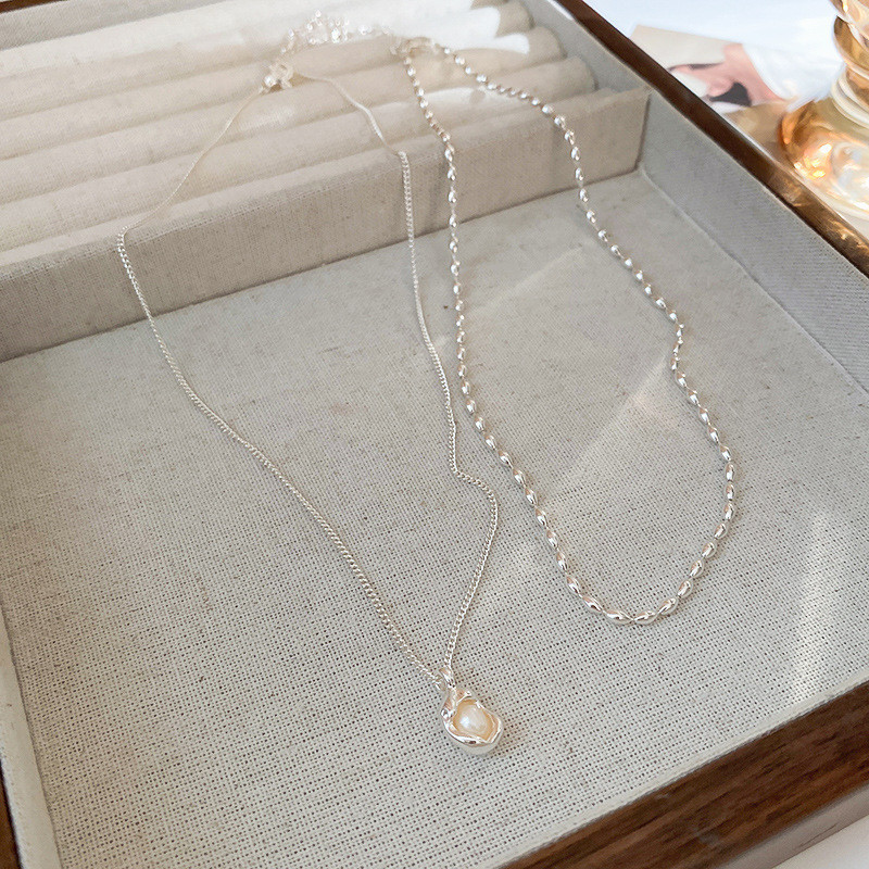 Double Layer Pearl Pendant Necklace For Women Elegant Silver Color Irregular Clavicle Chain Necklaces | high quality 2025 trendy product