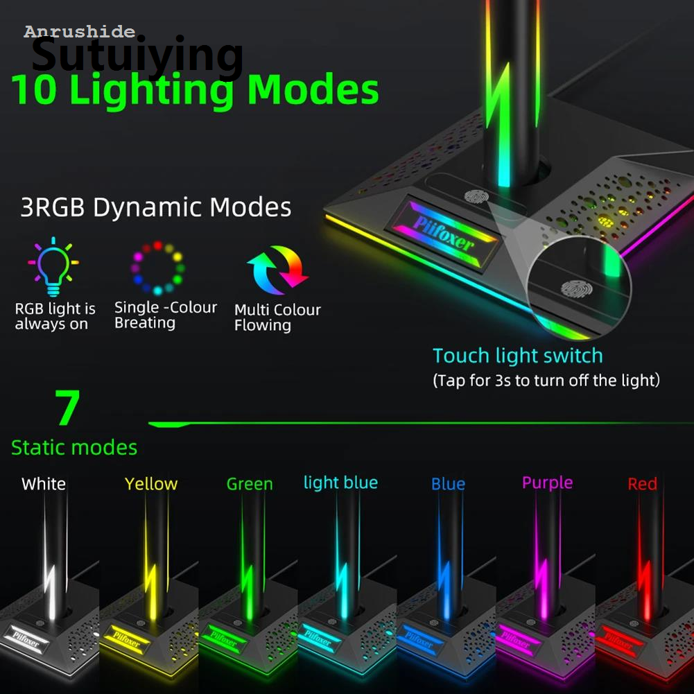 Sutuiying Fashion Anrushide RGB Gaming Headphone Stand Rack 6 Monochrome Modes Gamer Headset New Display Stand Headset Holder Hanger Earphone Accessories