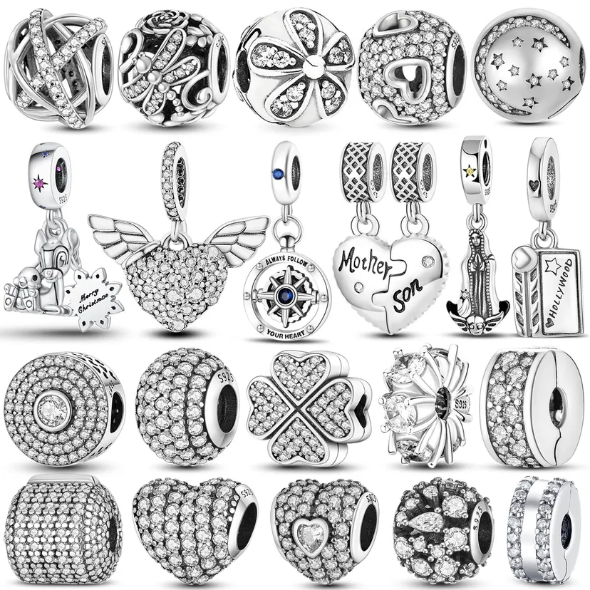 925 Silver Color Star Moon Heart Safety Chain CZ Beads Angle Wing Pendant Fit Pandora Charms Bracelet DIY Women Original Jewelry