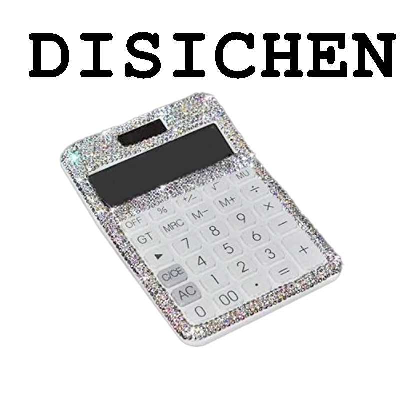 DISICHEN Fashion Calculator Rhinestone Crystal Dazzling 12 Digit Solar And Battery Dual Power LCD Display For Office, School White