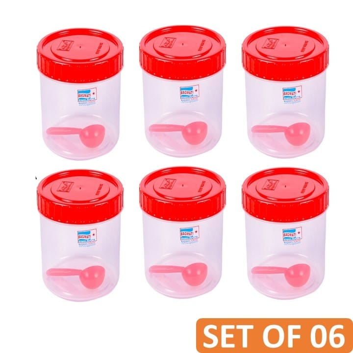 Round Transparent Plastic Utility Container With Spoon 500ML - Set Of 8 (Red)