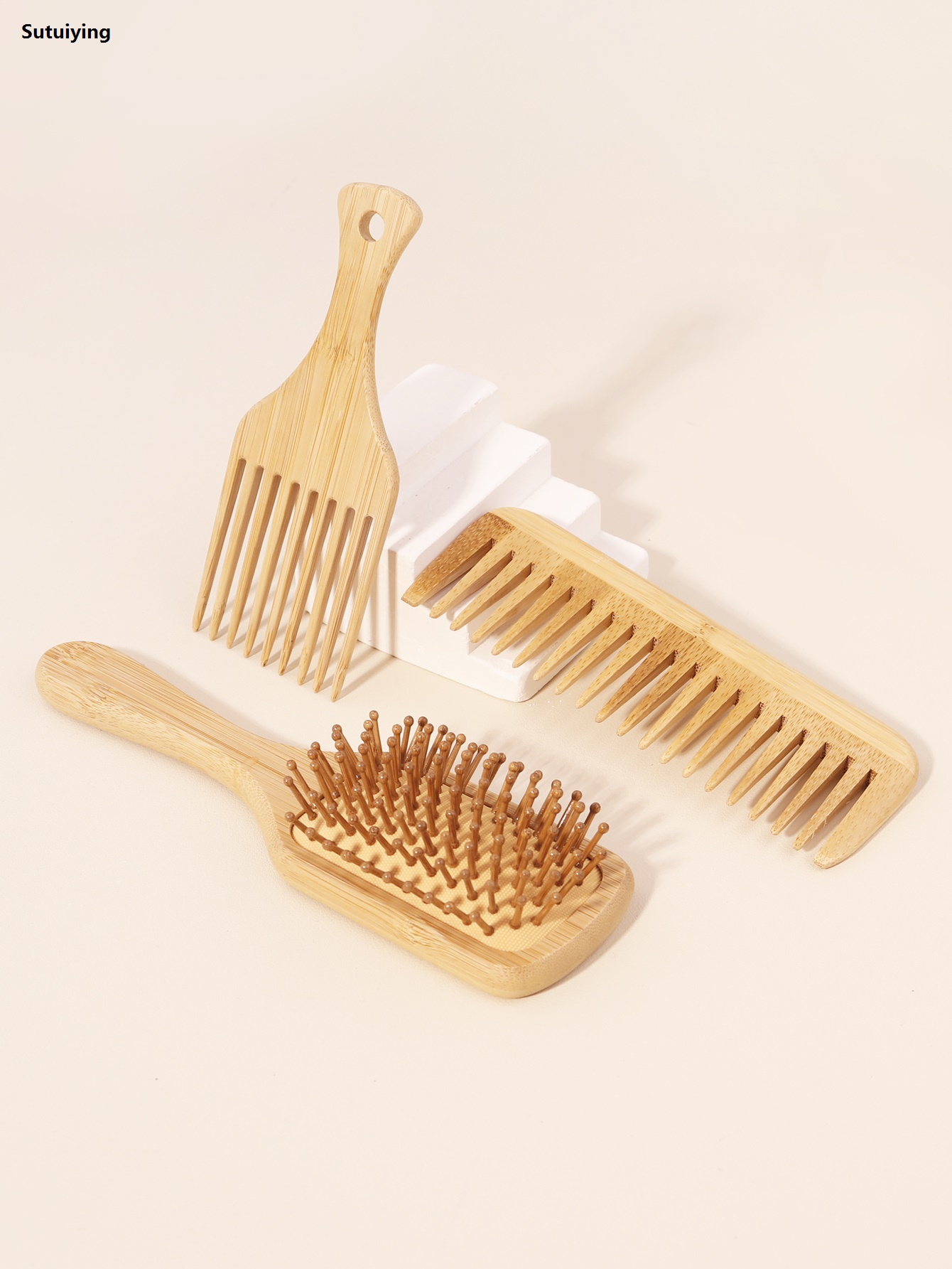 Sutuiying 3PCS natural bamboo and wood comb set, professional scalp 2025 massage hair brush, healthy and anti-static hair brush