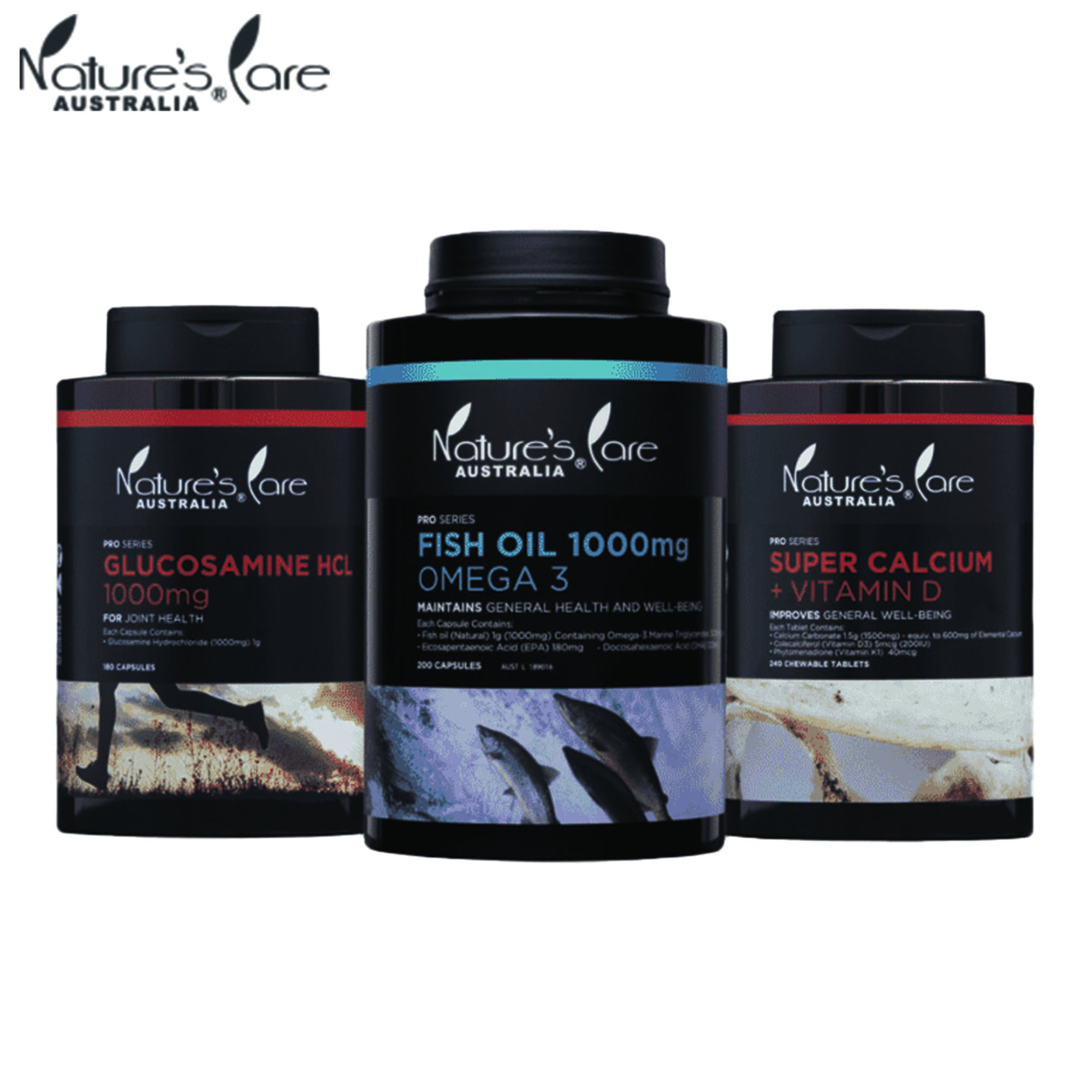 Nature's Care Set Of 3 Food Supplements, 1unit Fish Oil Omega 3, 1 unit Super Calcium + Vitamin D & 1 unit Glucosamine HCL