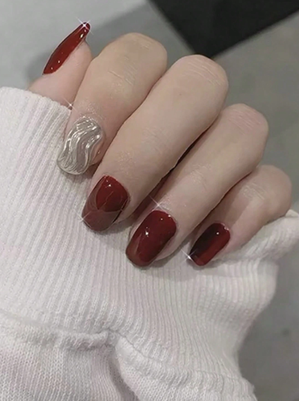 MAANGE 24Pcs Red Silver Short Square 3D Fake Press On Nails With Glue & File Z85