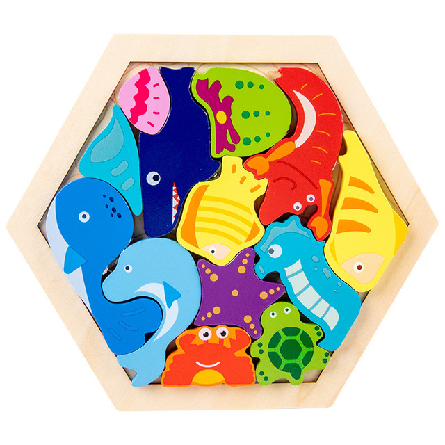 Cute Baby 10 Pieces Marine Animals Shapes 3D Wooden Stacking Puzzle, Early Learning & Education Cognition Toys Jigsaw Montessori Puzzle & for Kids