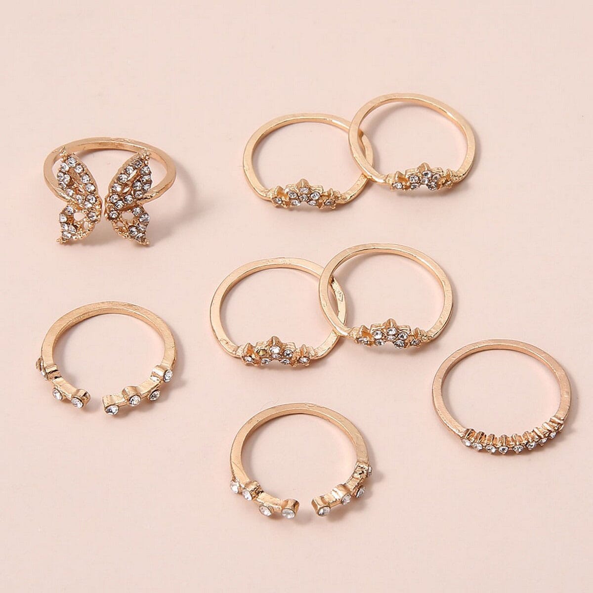 10Pcs Vintage Wave Flower Rings Set for Bohemian Geometric Pearl Butterfly Metal Chain Rings Fashion Jewelry Gift
