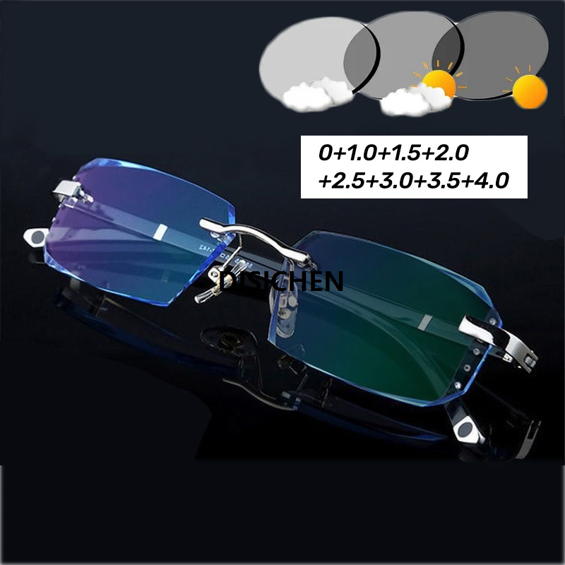DISICHEN Luxury Outdoor Photochromic Reading Glasses Men Women UV Protection Far Sight Glasses Diamond Cut Rimless Presbyopia 0+1.0+4.0 High Quality