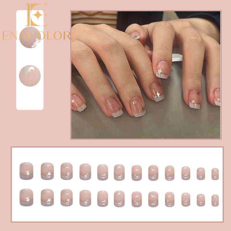 24Pcs Short Stars Fake Nails with Glue DIY Art Design False Nails Stylish Pattern Artificial Nails