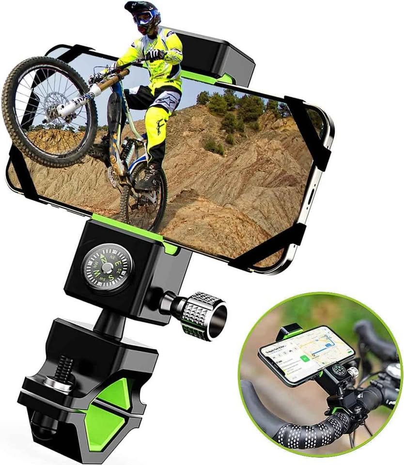 Adjustable Bike Phone Holder with Compass and Flashlight, 360 Degree Rotation and Height Adjustable for Motorcycles-Metal Mount