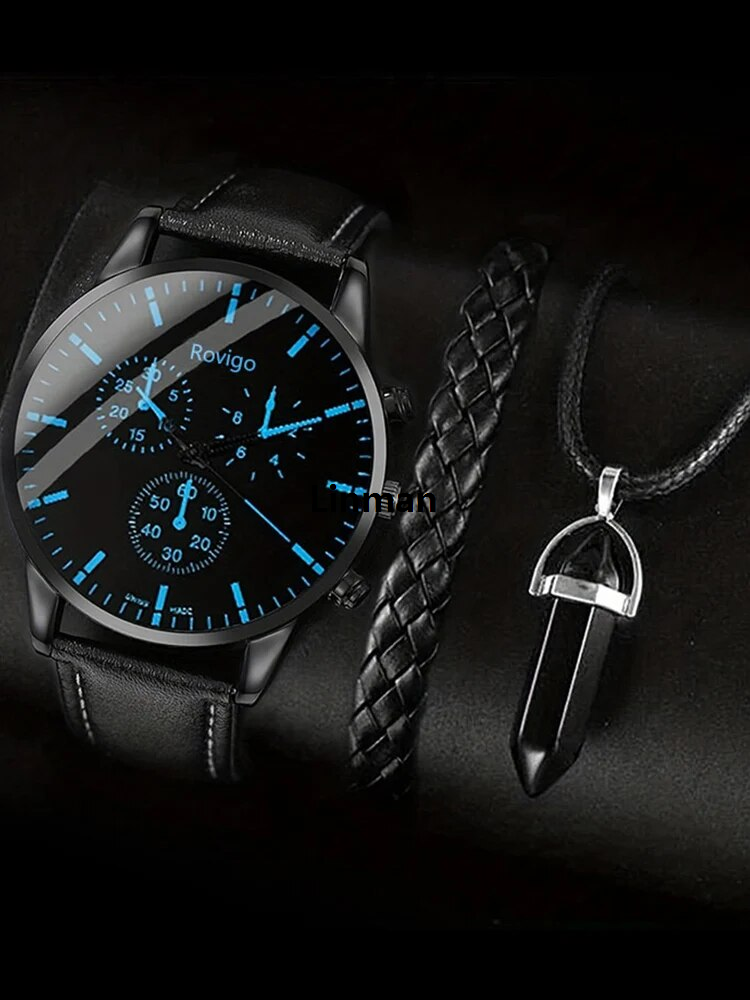 Linman 3pcs Fashion Versatile Business Men's Round Roman Scale Belt QHot Selling uartz Watch+PU Woven Bracelet+Pendant Necklace Combination Set