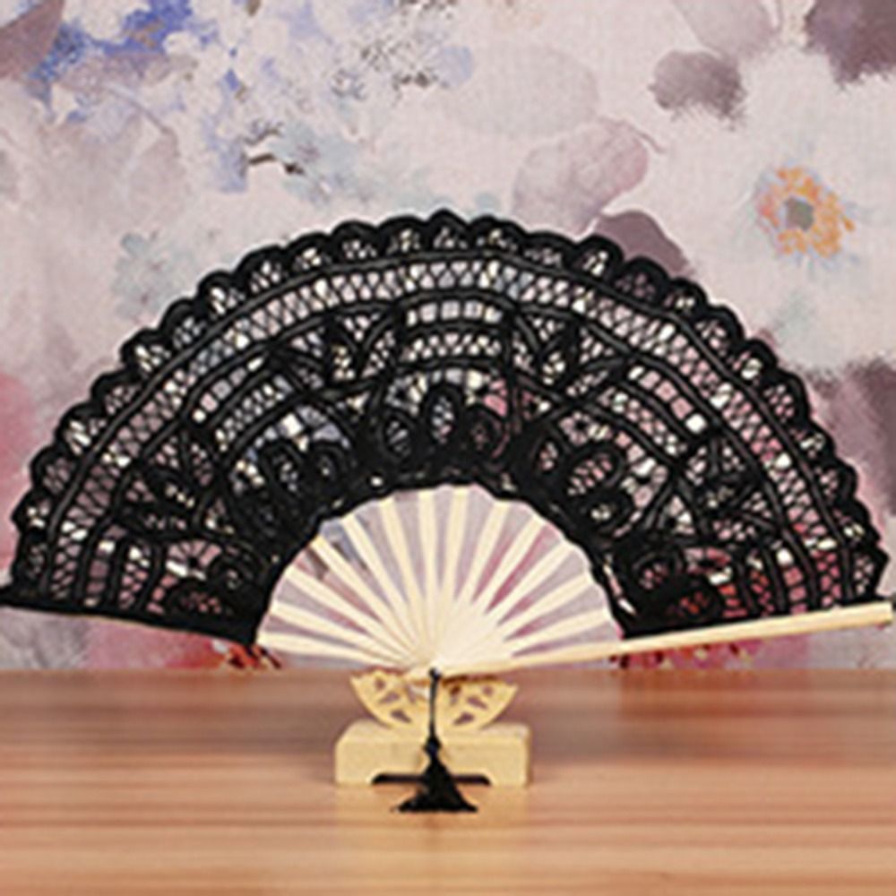 Art Craft Bamboo Handle Vintage Lace Hand Fan European Style Hand Held Embroidered Folding Fan with Tassel Dance Fan Ladies