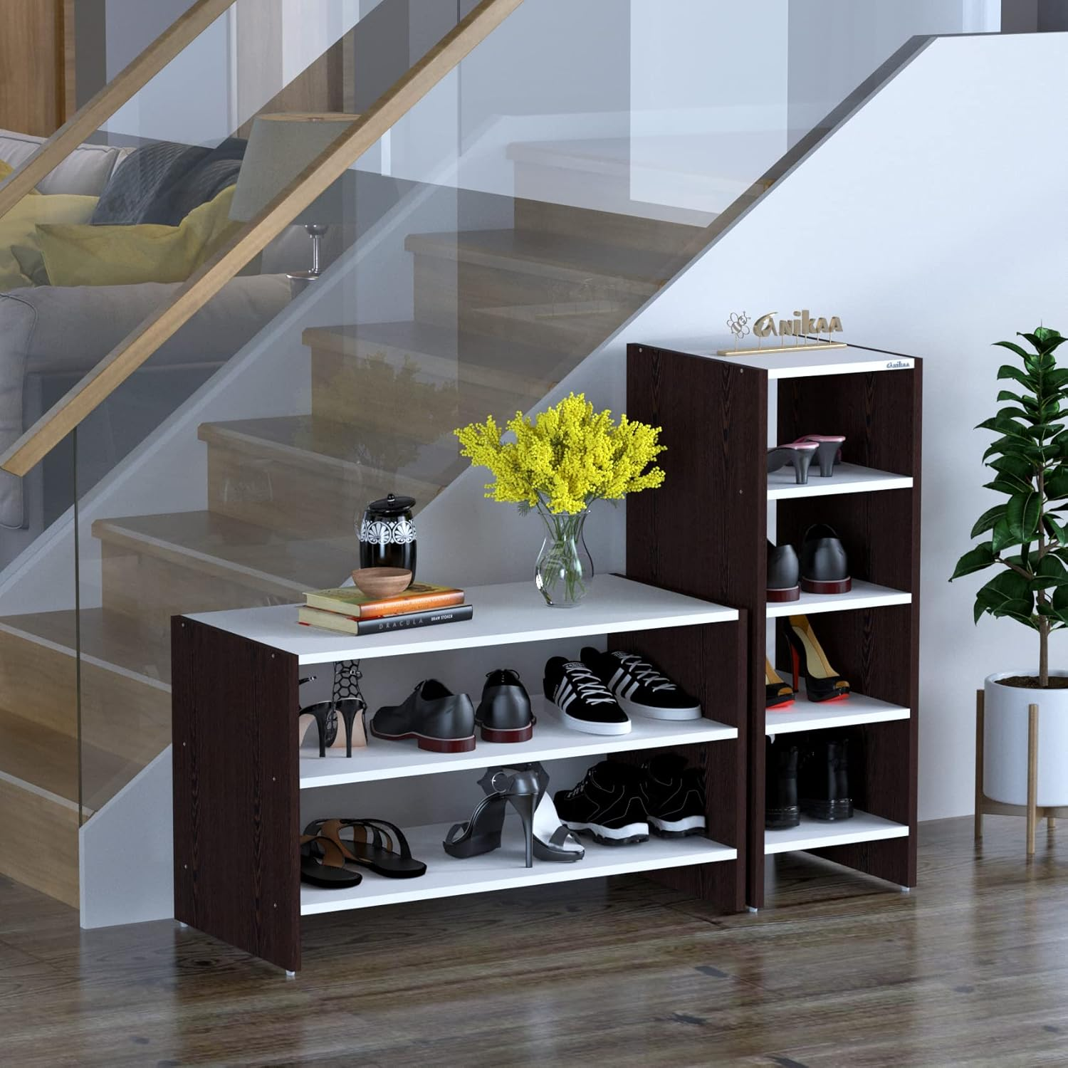 Anikaa Rack l Engineered Wood Shoe Cabinet l Double Shoe Rack Utility Multiuse Wide Shelve Storage Rack for Footwear And Decoration in Brown and Whitefun