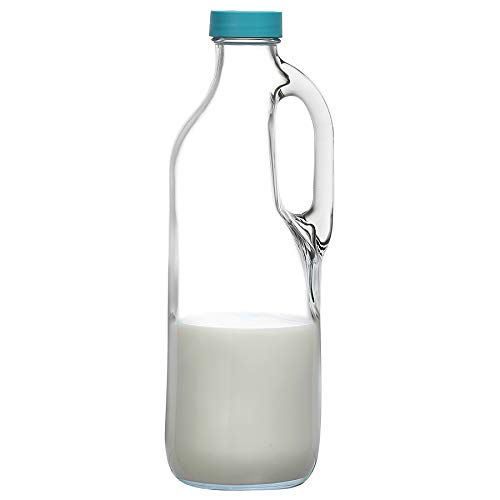 Basic Glass Milk/ Juice/ Water Bottle / Bottles 1400 ml 1 Pc, Blue Lid