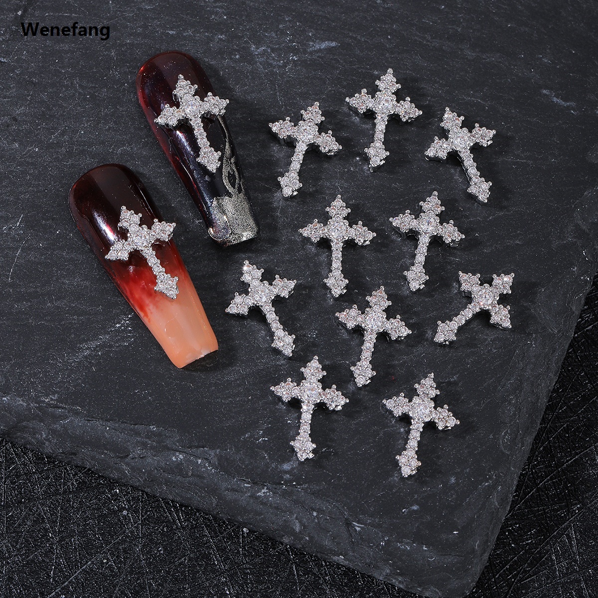 Wenefang 6pcs European and American light luxury wind micro set nail silver 2025 y2k metal retro cross nail decoration street dark style cross